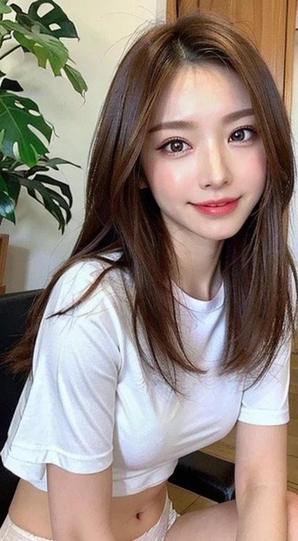 seed:2020674263.((Full body angle:1.1)).((highest quality, 8K, masterpiece:1.3)), ((from below:1.1)).concentrated:1.2, Perfect body beauty:1.4, Hips:1.2, ((Delicate Hair)), (Colorful button-through crop shirt :1.1) , ((highest quality、8K、masterpiece:1.3))、1 Girl、A sloppy smile、Esbian all over、Slim face、Big 、Beautiful woman、(Dark Brown Hair)、Long Hair、1.1、Flickering Valley、Detailed eyes、double eyelid、Blurred Background、超Slim face、Smile、Looking down、stroll、