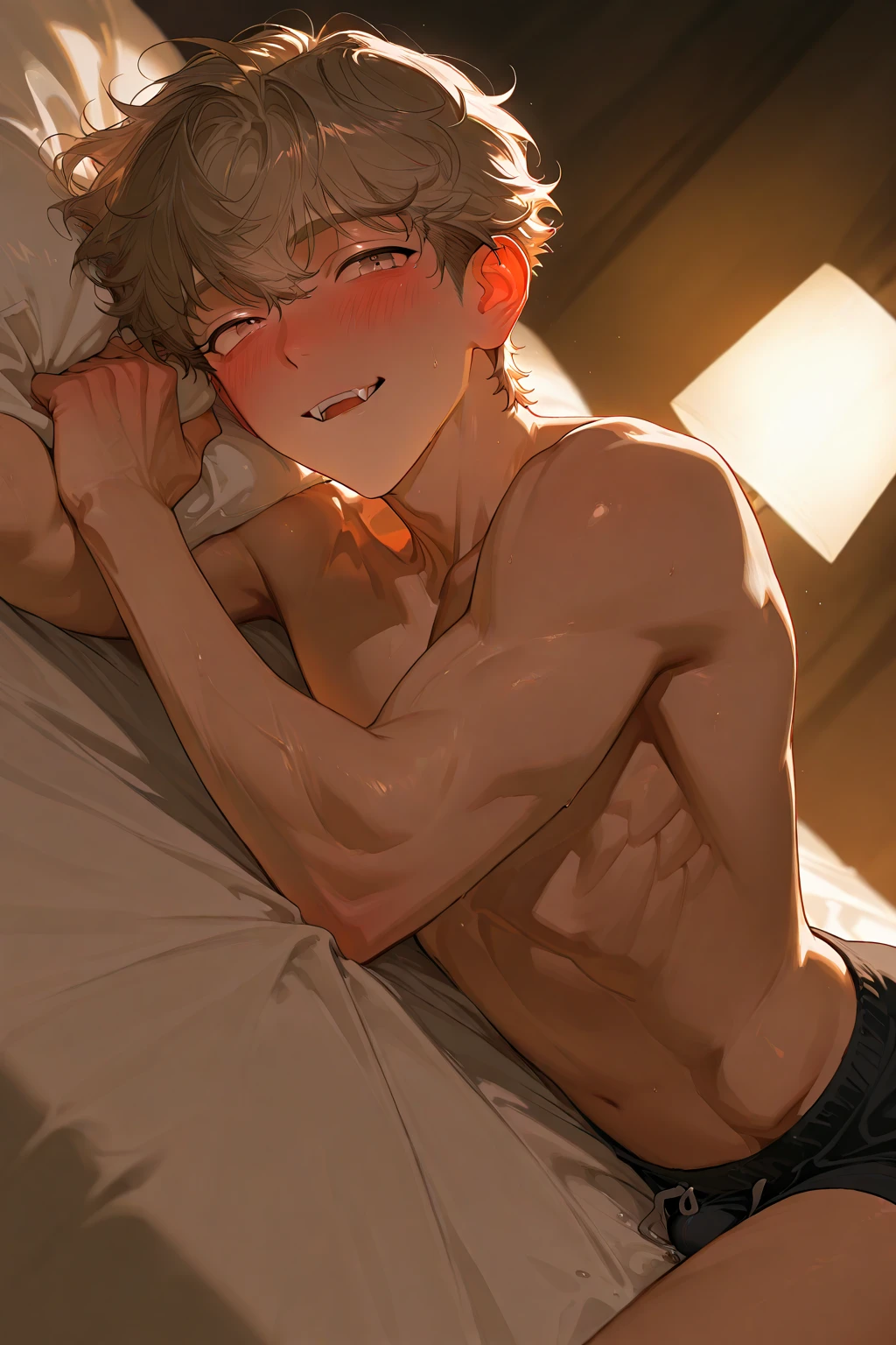 score_9, score_8_up, source_anime, on back, hellsing, seras, blonde hair, nude, indoors, night, night sky, nighttime, vampire, smirk, fangs, ikuchan, bedroom, nude male, small penis, belly, navel, short dress, red dress, goth, lean, nude, gay, femboy, femboy, penis, solo, on bed, sleeping, closed eyes, ((shota))