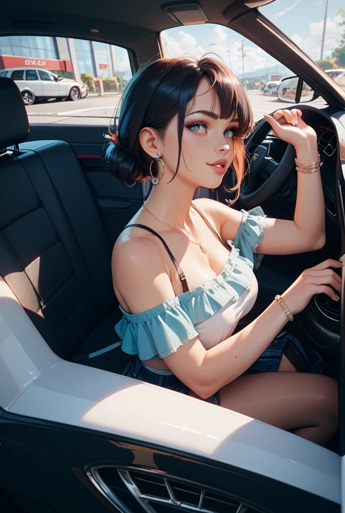 (8k, RAW photo, best quality, masterpiece: 1.2), ultra detail, super resolution, (realistic photo, realistic: 1.37), portrait, RAW color photo with high detail, professional photo, extremely detailed and beautiful, extremely detailed, 8k wallpaper, amazing and detailed, huge file size, official art, 8k drive wallpaper CG highly detailed, beautiful girl highly detailed,  highly detailed face, highly detailed eyes, highly detailed skin, woman in a car taking a selfie with her cell phone, 27 years old, sexy girl, thin smile, neckline there, round breasts --auto --s2