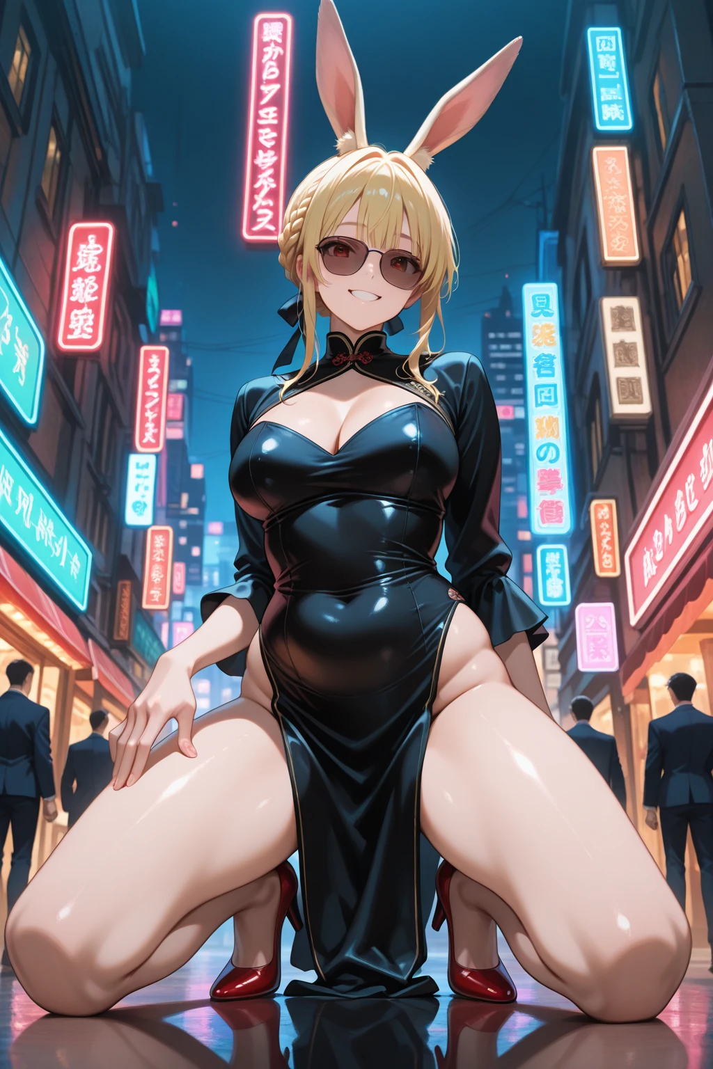 1girl, (((bimbo))),hoop earrings, puffy lips, painted lips, thick lips.
blonde hair, short twintails, wide hips, thick thighs, bursting breasts Nightlife, Night city, Cyberpunk city, futuristic cityscape. Neon lights, (skyscraper:1.1), Tokyo tower, palm tree, cloth sign, ramen stall, night club. bright city lights, exotic car. alcohol, bar, ramen, soup stall ,alcohol bottles,