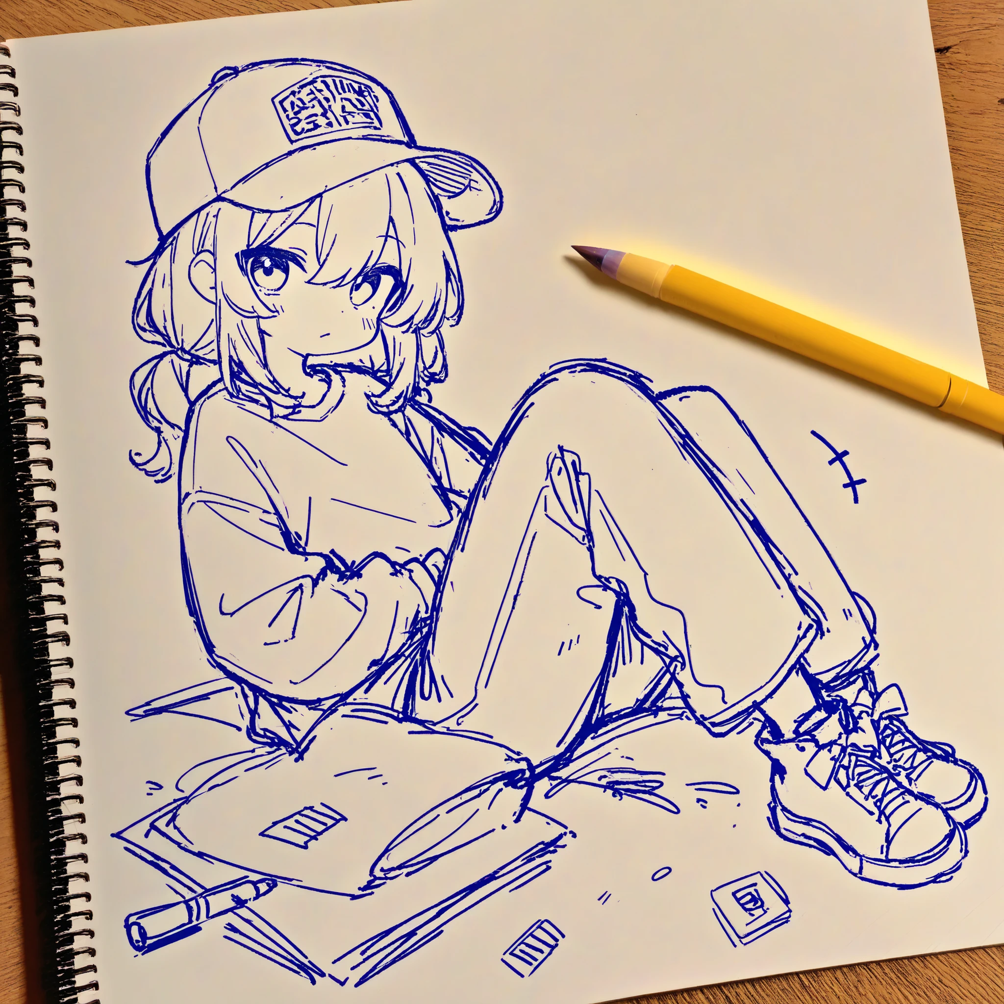 Baseball Cap , denim , jeans , background: rough textured paper, faint pencil lines, minimalist sketchbook style