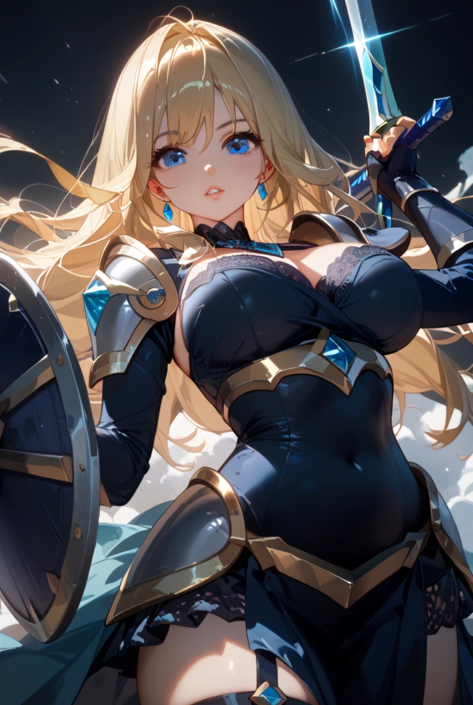 beautiful,A hot and fierce mature woman with golden hair and blue eyes, fully clad in armor with a sword and shield.