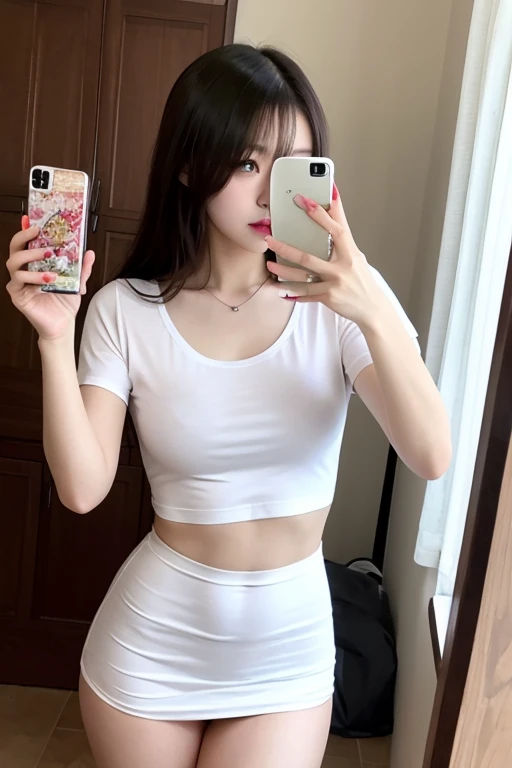 high resolution,Highest quality, figure, Super detailed, In detail, High resolution, 8k wallpaper, Thick lips、Perfect dynamic composition, Glossy with oil々Skin、Korean、、Belly button piercing、Pink small mini T-shirt、White tiny panties、Shiny thighs,Thick thighs、Narrow waist、Firm big breasts、 Large Breasts、Natural color lip, Bold sexy pose,Balcony in the morning、cute、Selfie、NSFW、Incême、Up Angle、Selfie、Kneel with legs spread、Plump
