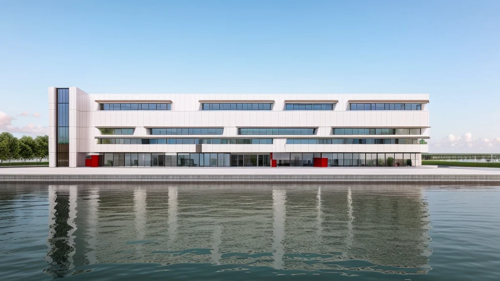 office building 4 storey, GREY and red color wall, [few windows] , [few glass wall], structure CONCRETE WALL, minimalist and clean architectural style. The structure is multi-story with wide windows, minimal glass facade, All pictures are real, 100% real pictures, high quality, clear pictures , hyper realistic, depth of field , modern architecture, minimal architecture , futuristic architecture