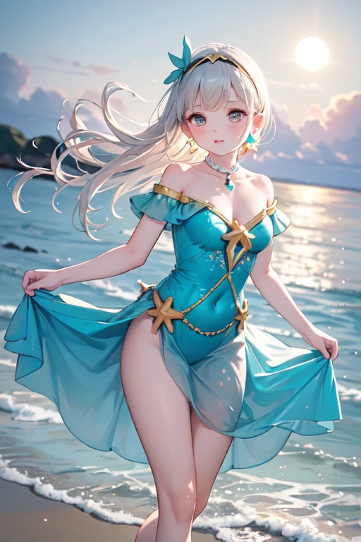 ((2D beautiful girl、top-quality:1.1、Perfect fingers:1.2、perfect anatomia:1.2、Dress perfectly、face perfect:1.1、Beautiful illustration))、(transform sequence)、((cute decorative headbands、white and blue cheongsam swimsuit:1.1)、14years、Solio、hime、Fractal Art、baby-face、((stright long hair))、(Slender and beautiful legs)、big drooping eyes:1.1、(full body photographed:1.1、Long Shot Photography)、((1 person))、Blue sky and sandy beach、embarrassed from、red blush