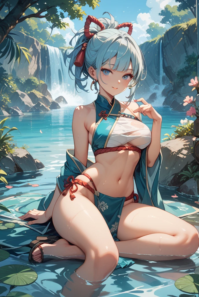 Loli, Pink kimono with flower print, in a Japanese temple with a fountain, long blue hair ,sitting on the fountain, legs crossed, happy, pink panties, exposed chest, exposed shoulders, exposed collarbone