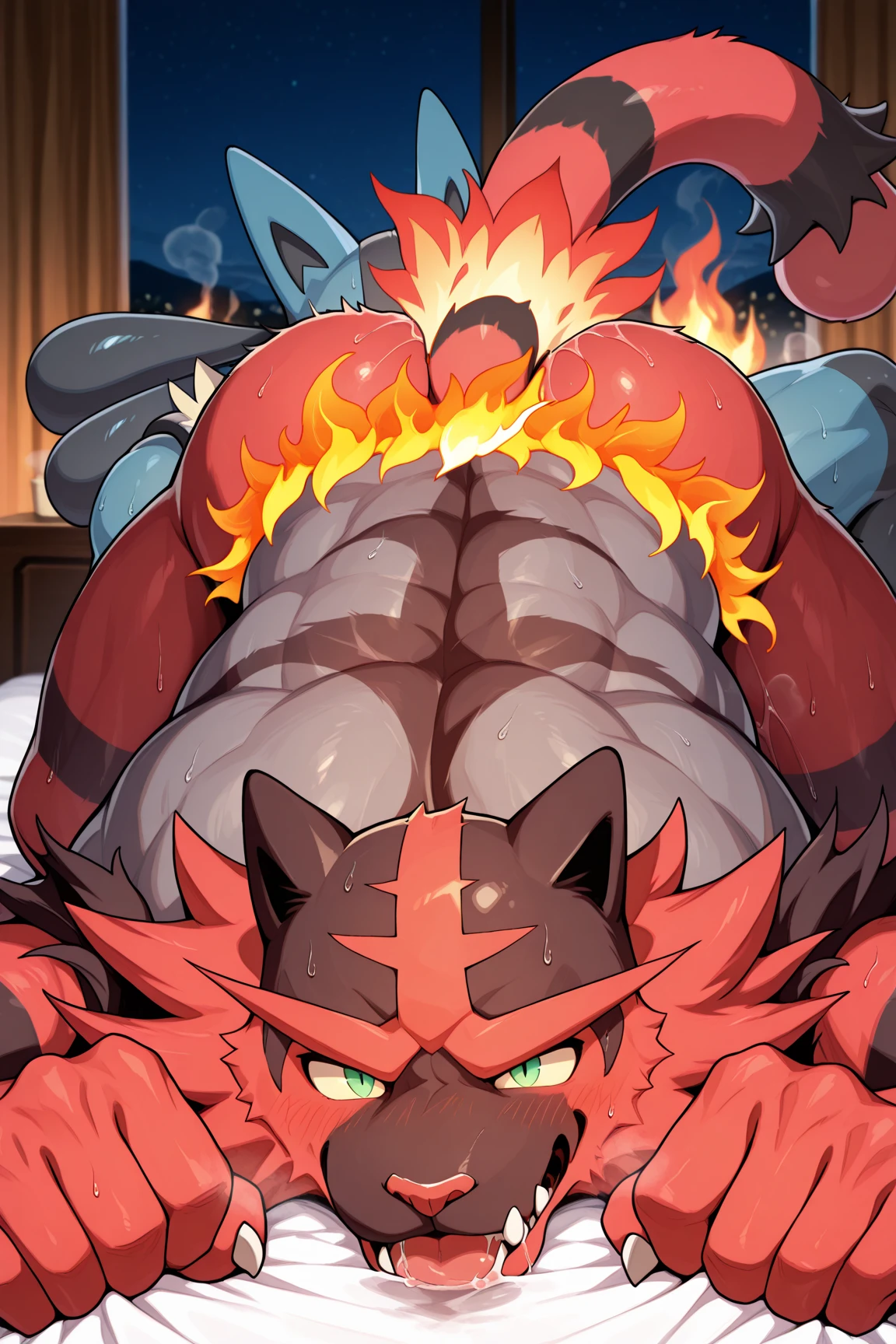 (masterpiece, 4K, ultra detailed), incineroar, furry, masculine, muscular, black hair, red fur, dark gray belly fur, single, front view, teen, shy, frown, lying, white bed, yellow eyes, anime, naked, black penis, pale pink glans penis, balls, cumshot, huge load of cum