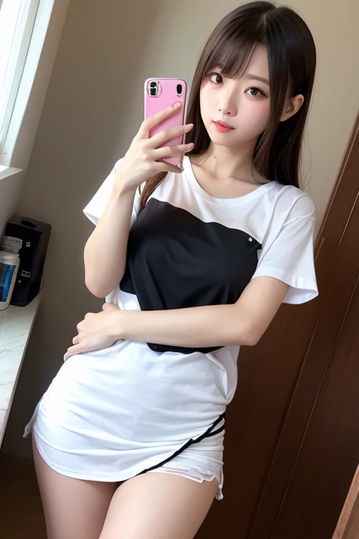 Very cute face、smile、14 years old、girl、Fluffy long hair、Beautiful legs、Beautiful body、Thin legs、White skin、Black T-shirt、Black mini skirt