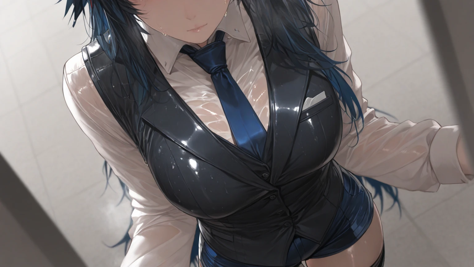 Cool girl high resolution Big Breasts Men's suits Expose Long Hair Earrings Tattoo