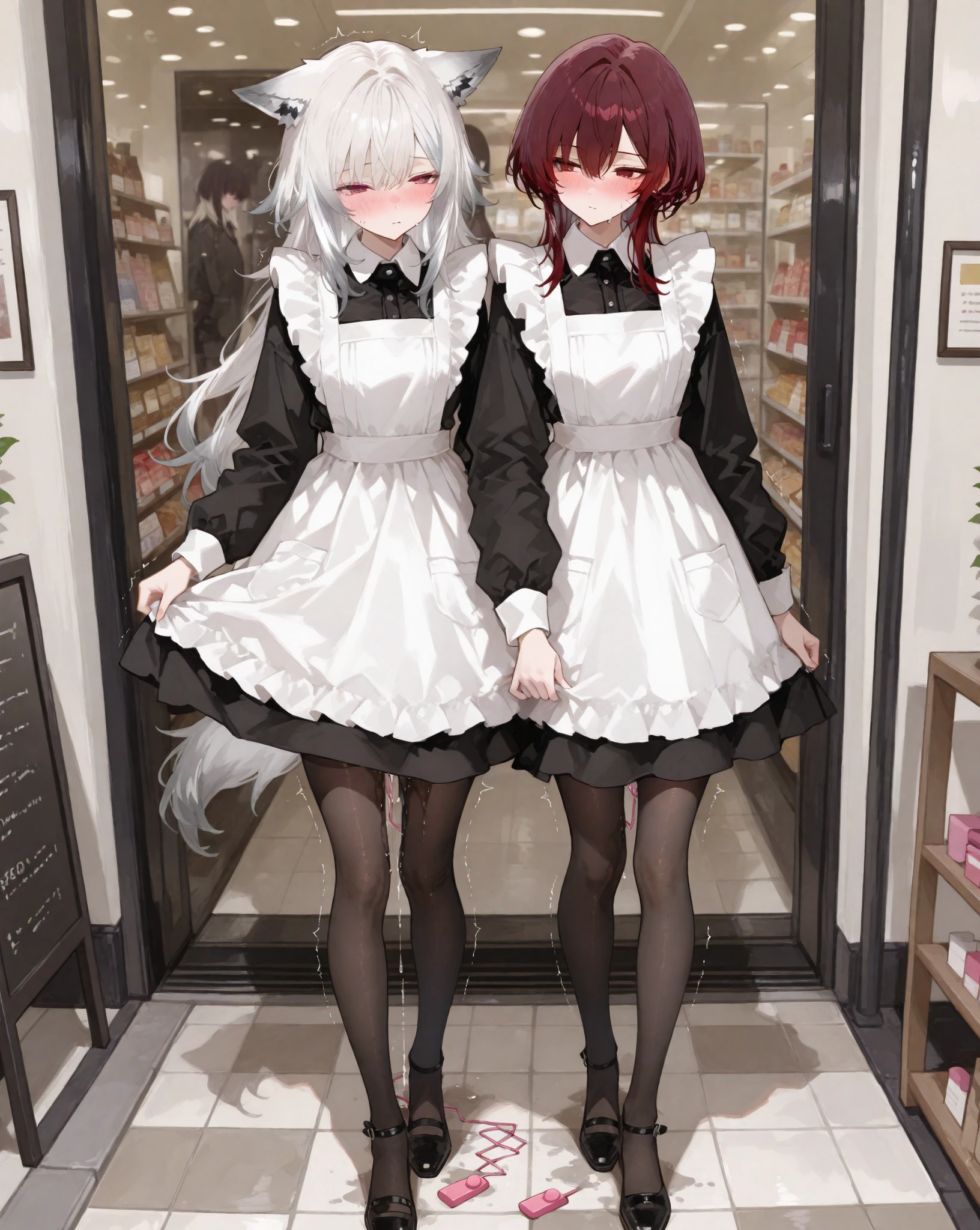 highest quality、masterpiece、((2 girls:1.5))、((smile:1.3))、(blush:1.3)、Black Shirt、blouse、((fun!!))、(Small breasts)、()、Blonde、(Long sleeve)、((White apron:1.5))、((Maid))、((hair ornaments)),、Kamimei、look at me、 ((in house:1.5))、 Taking a break from watching the audience、Cowboy Shot、(Skirt lift:1.3),(Highly detailed pink striped panties:1.3)、(Highly detailed panties:1.3)、、(スカート that rolls up:1.3)、(Panties fully exposed:1.5)、Light blue eyes、long hair、Glowing Eyes