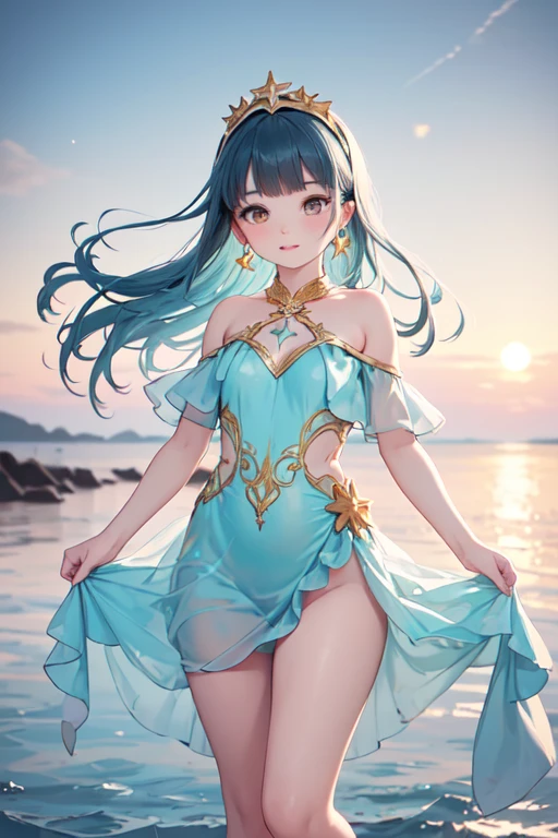 water land as background, lake, beach, seductive, fashion model posing, (photorealistic:1.4), (masterpiece, front lighting, finely detailed beautiful eyes: 1.2), masterpiece*portrait, realistic, 3d face, glowing eyes, shiny hair, lustrous skin, solo, embarrassed, (midriff), absolute_cleavage, necklace, silver_earrings