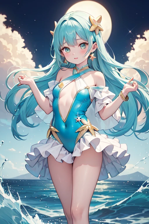 {{{masutepiece}}}, {{best qualtiy, An ultra-fine illustrations, beautifulanddelicatewater}}, {{very delicate light}}, {{Nature, Painting}}, {{Fine Lighting, More transparent stars, Very fine 8K PCG wallpaper}}, (plateau), Sunrise, randomly distributed clouds, cliff, ((Rotating starry sky)), Beautiful girl with long light blue hair with luminous particles、Twin-tailed、adorable smiling、facing front、Super Gloss Metallic Coral Rainbow Transparent Holographic Suit:1.2),