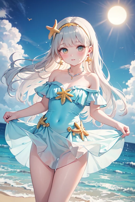 ((4k、8k、top-quality、perfect fingers: 1.3、perfect anatomia: 1.3、Background blur))、((sixteen years old、small tits 、cute big droopy eyes、stright long hair、a beautiful slender girl、A smile))、（onepiece swimsuit）、Full-body angle、、White sandy beach、