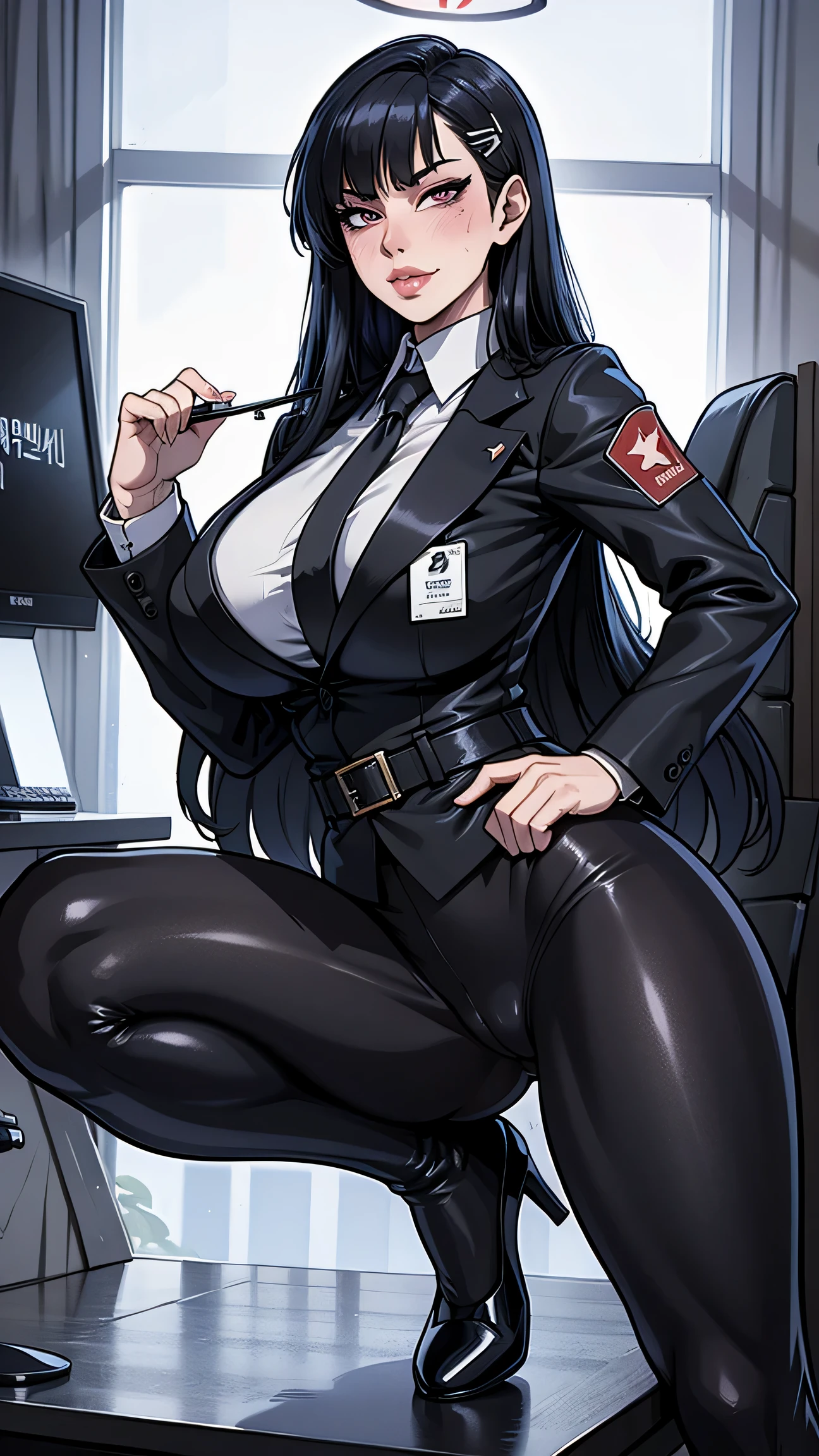 , (masterpiece), best quality, expressive eyes, perfect face, north korean, lips tongue, master hacker, dark black hair, henchwoman, hacking a computer, panels, technical expert, south korean security agent, k.u.f. terrorist group she, malana lea, tight latex pants, formal suit, heels, black eyes, smoked eyes, spy, slim waist, adult woman, sadistic, villain, computer, hacker, belt, headaches face, smirk, north korea, tight inside sweat, identity, fingerprint, necktie, suit, bigger lip, english text, solo, monitor, business suit, lips service, panic sweat, lips, she touching pants, footwear, dizzy, loss of consciousness, full-face blush