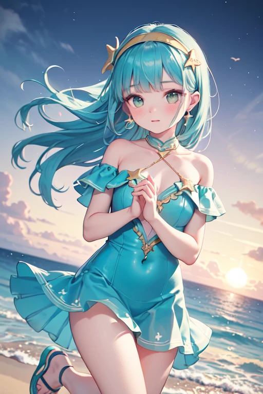a beautiful woman in a sparkling blue sequin swimsuit, extremely detailed face and body, beautiful eyes, nose, and lips, long eyelashes, flawless skin, slim figure, sensual pose, outdoor beach setting, golden hour lighting, cinematic, vibrant colors, photorealistic, 8k, high quality, trending on artstation