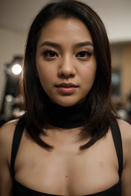 an eye contact of a blond with shoulder length hair and dark theme. Half American half Asian really cute. Infront of a green screen.