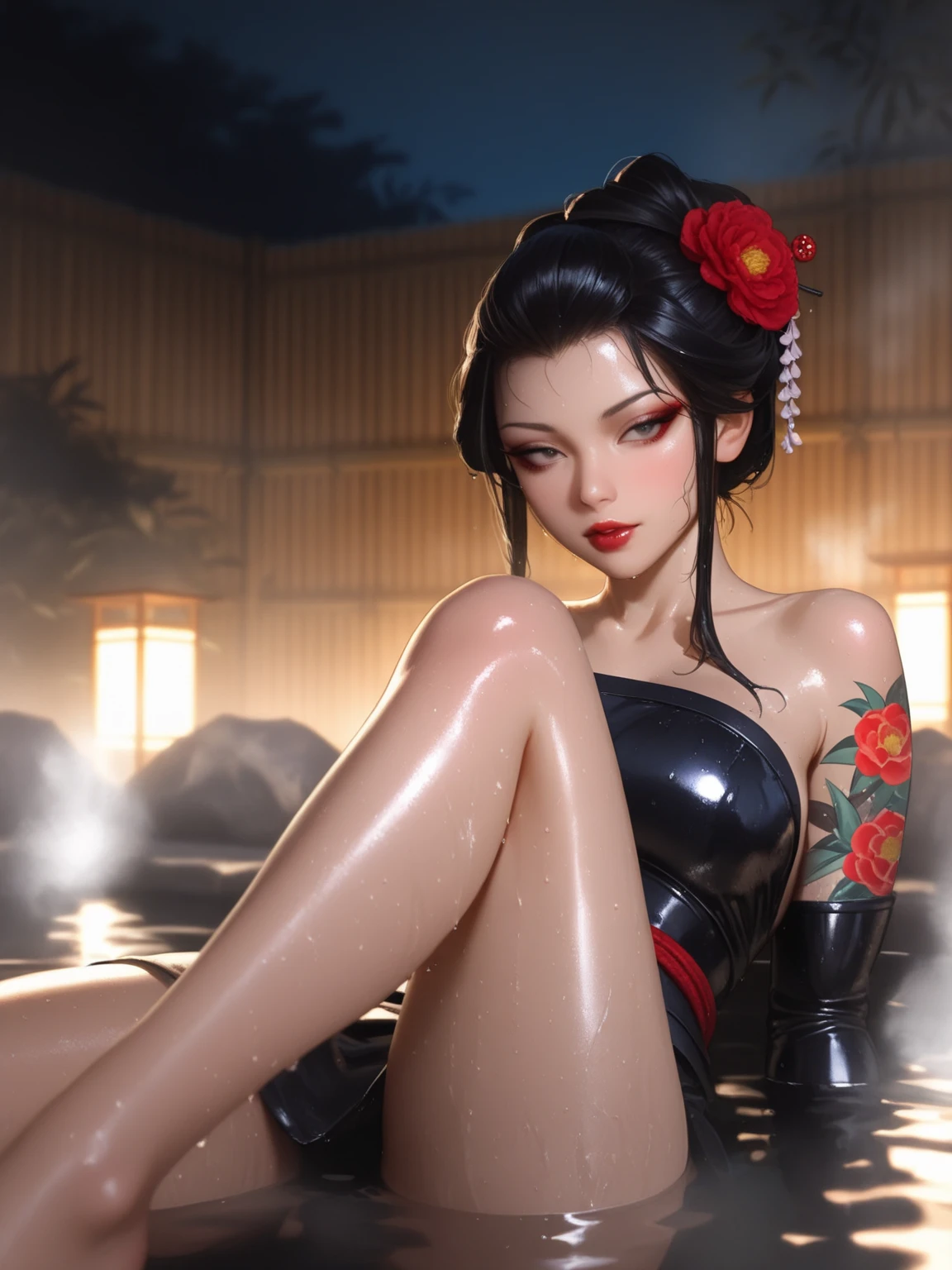 16k, UHD, Best quality, Hyperrealistic, Erika from pokemon, short yellow kimono with red flower pattern, large boobs, belly button piercing, beautiful girl, exposed torso, laying on side under a tree, black hair bob-cut style, red flower in hair