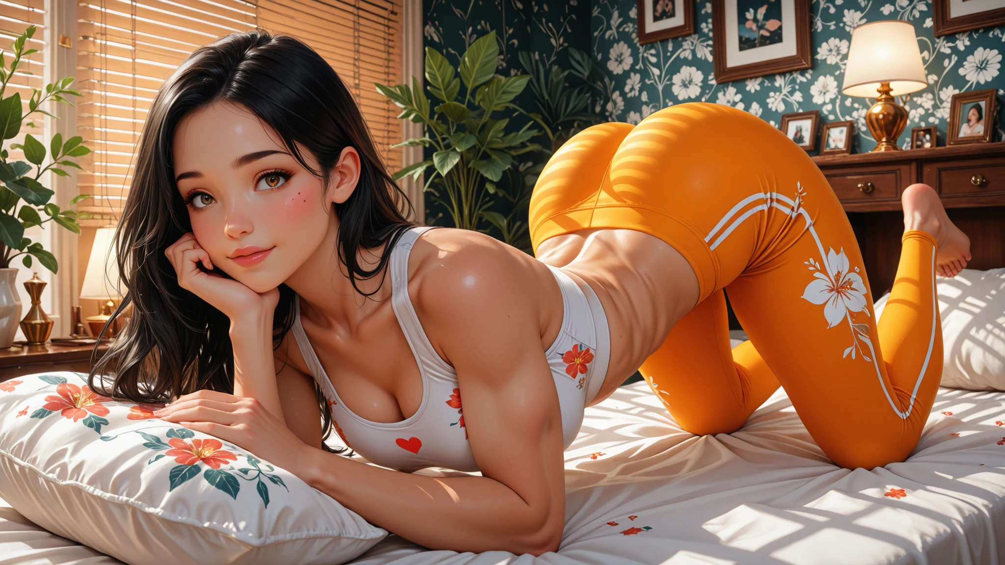 (masterpiece), (best quality), (ultra-detailed), (8k), (semi-realistic anime style), multi-eye-focus, 1girl, solo, full body, curvy and athletic body, large round heart-shaped butt, toned thick thighs with strong quads, slim waist and hips, lying face down on a bed, legs bent upwards at the knees, resting chin on one hand, relaxed and playful expression, long wavy black hair spread softly on the pillow, tight yellow leggings with tropical floral pattern in red and white hues, white semi-transparent sports bra. Cozy modern bedroom background, soft cinematic lighting, beautiful furniture, elegant lamps, horizontal blinds, decorative wallpaper, framed pictures, ornamental vases, side tables, and dressers, soft light filtering through, rich shadowing and atmospheric depth.