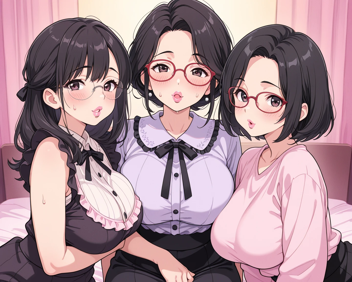 Anime, adult, 2girl, ,dark brown hair with highlights, brown eyes, light pink glasses, small boobs, long hair. white hair, blue eyes, short hair, big boobs, lesbian, no glasses, eyes closed, scissoring