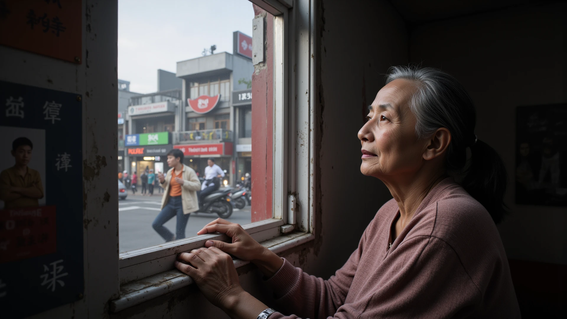 high definition detail,Kind old lady in wheelchair,Shanghai Old Streets,Dusk sunset,golden section
