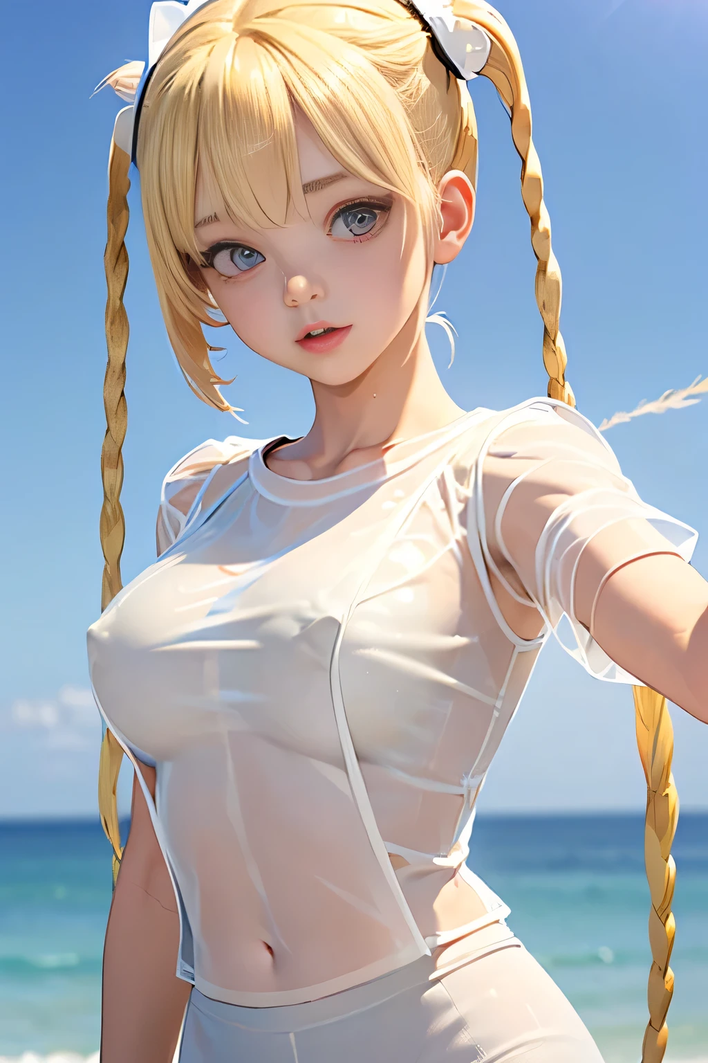 a girl, His body matured into its adult proportions, stands out as the central figure of this piece. Her silhouette is characterized by fully developed breasts, quadris mais largos, e cintura definida, enhancing her feminine allure. Her skin is fair, with a natural variation of tone that deepens around her – a subtle detail that underscores the authenticity of her depiction, Seios enormes