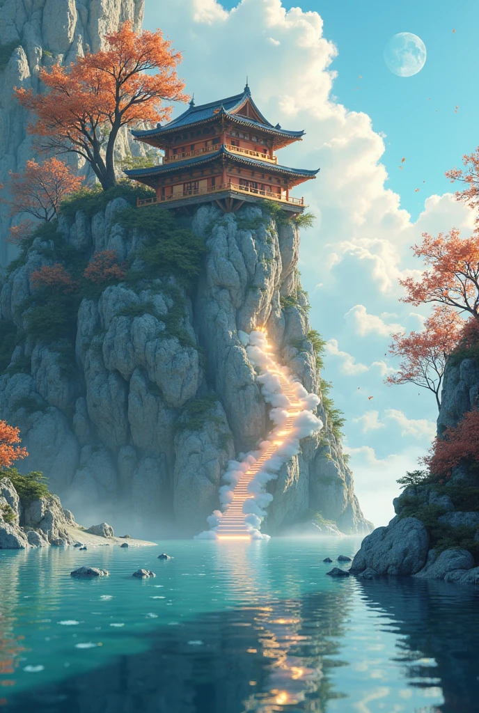 arafed view of a waterfall with a pagoda and a waterfall in the background, fantasy matte painting，cute, scenery artwork, game art matte painting, illustration matte painting, dota! matte painting concept art, dota matte painting concept art, 2. 5 d cgi anime fantasy artwork, dreamy matte painting, fantasy matte painting, avatar landscape, game map matte painting