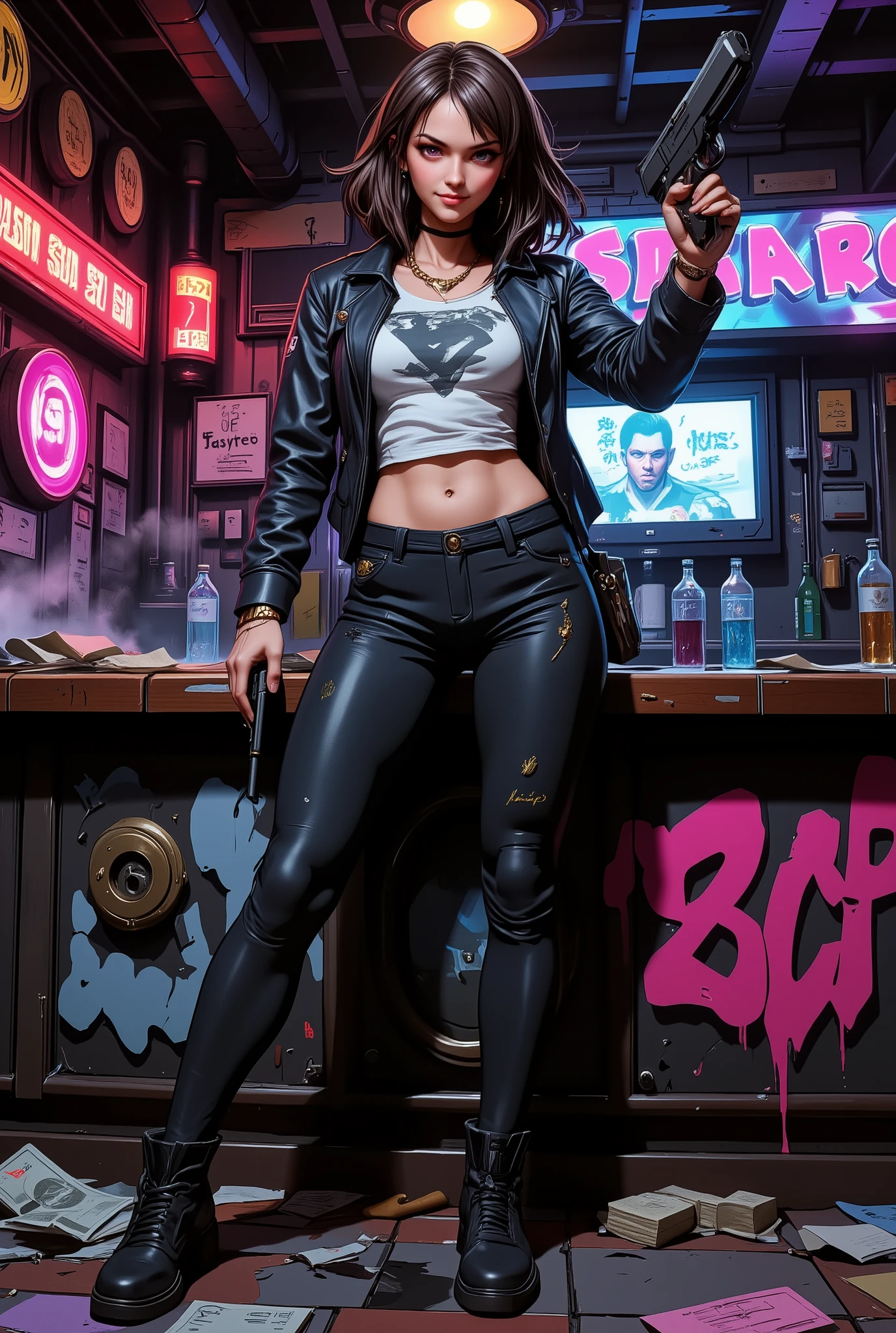 Epic GTA-style shootout scene: Realistic portrayal of a deceptively cute, bright young gangster girl, mafia boss, standing on a trashed nightclub bar. A young girl with expressive predatory eyes and a sweet smile, dressed in an expensive leather jacket, tight top and leather trousers, with gold chains, points a pistol vertically down at the viewer, standing on the bar with her legs apart. Details: gold chains, expensive watches, graffiti on the walls, an open safe with money All around — chaos: overturned furniture, broken bottles, smoke. Her gang is standing nearby, ready for further action. Lighting: Contrasting — neon lights, glare on skin and weapons. The style is GTA-realism: dark but glamorous, with neon lights and hints of a criminal history. Resolution: 4K, Ultra HD