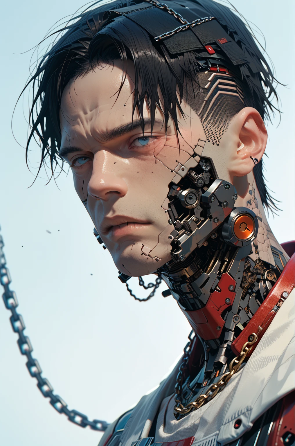 (((obra-prima))), (((melhor qualidade))), ((ultra-detalhado)), (Highly detailed CG illustration), ((um extremamente delicado e bonito)),(de lado), cinematiclight, ((1 mechanical boy)), solo, corpo inteiro, (machine-made joints: 1.2), ((machanical limbs)), (Blood Vessels Attached to Tubes), (mechanical vertebra attaching to back), ((mechanical cervical connection to the neck )),(sentado),no expression,(wires and cables attached to the neck: 1.2),(wires and cables on the head:1.2)(foco no personagem),scientific fiction,extremamente detalhado,colorido,mais detalhado