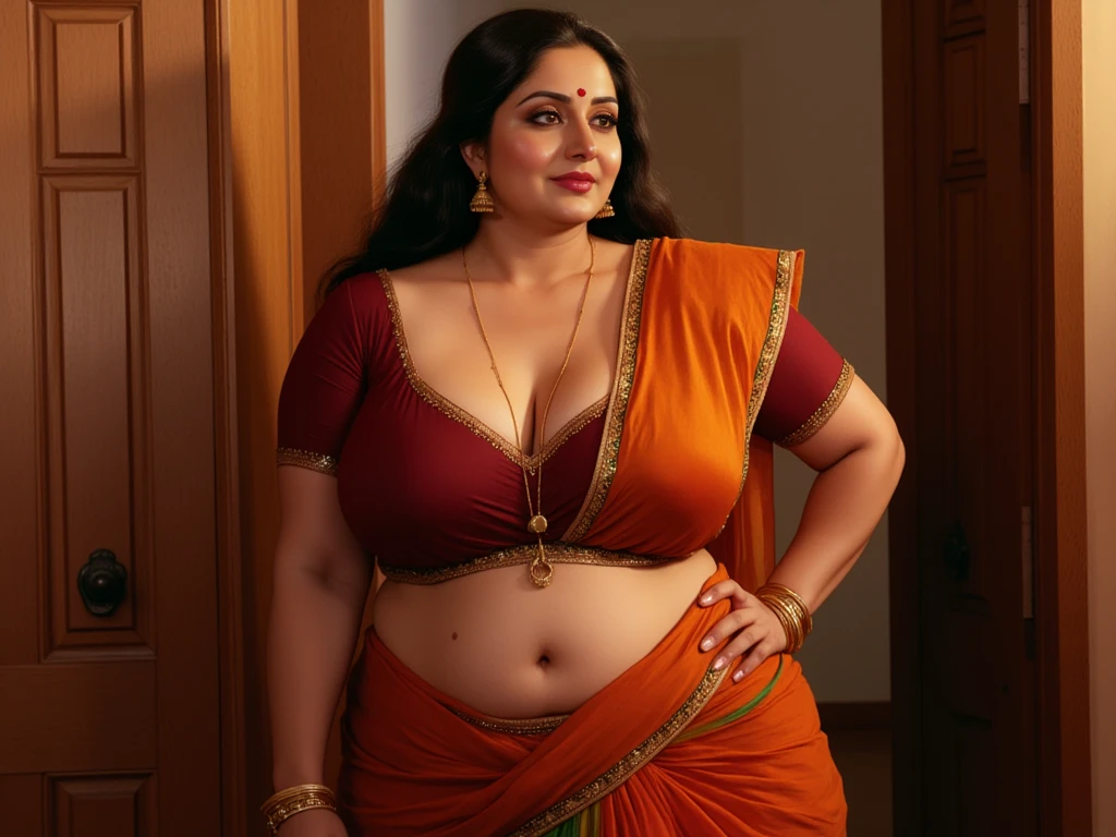 Looks like Sandeepa Dhar, Portrait of bare breasted native (( kerala warrior queen)) in futuristic city , large breasts, beautiful face, perfect boosum, rain, d&d, fantasy, intricate, elegant, highly detailed, digital painting, artstation, concept art, matte, sharp focus, illustration, art by artgerm and greg rutkowski and alphonse mucha, 8k, highly detailed, ((cinematic lighting)) ((scene from the end of the world)) dramatic, beautiful, thick figure, heavy physique, voluptuous, curvy, thick belly, 