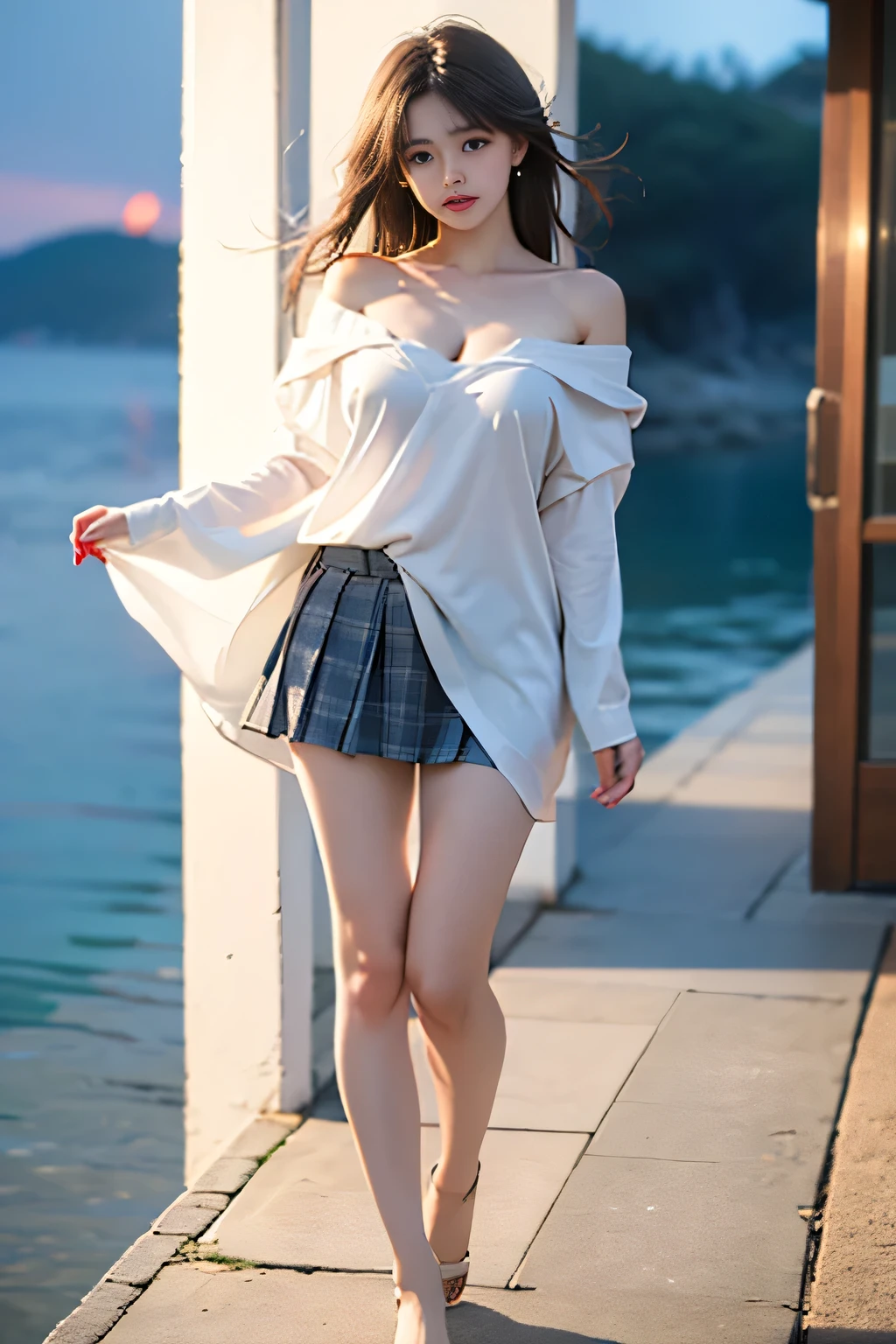 ultra highres,(reality: 1.4),highest quality, masterpiece, high detail, 16K quality, beautiful, 1 beautiful girl,japanese,super beautiful face,baby face,japanese idol face,cute face,super detailed face,detailed hand,beautiful skin,sweaty skin,big eyes,big smile,profeccional lighting,medium hair, black hair,brown beautiful eyes, white shirt,cleavage,brown checked skirt,standing,((wind lift:1.3)),((white panty)),medium breasts,she is looking at the camera,beach,blue sky, beautiful blue ocean,nsfw,from below,