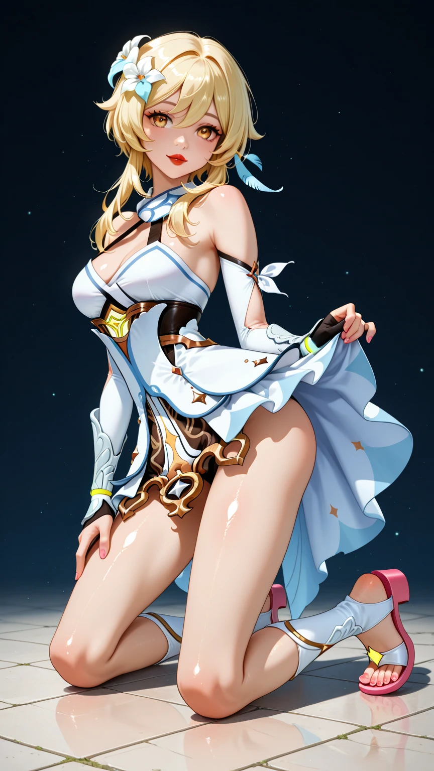 A woman in a white bikini and white stockings poses for a photo, Anime girl cosplay, Anime goddess, cosplay, elegant glamourous cosplay, Anime cosplay, Japanese goddess, Beautiful goddess, seductive anime girls, full-cosplay, Gorgeous Role Play, glamourous cosplay, cosplay foto, Ayaka cosplay, Beautiful teenage girl, a beautiful fantasy empress, dressed in a beautiful white, revealing outfit,(Big red snowflake tattoo on the lower abdomen)