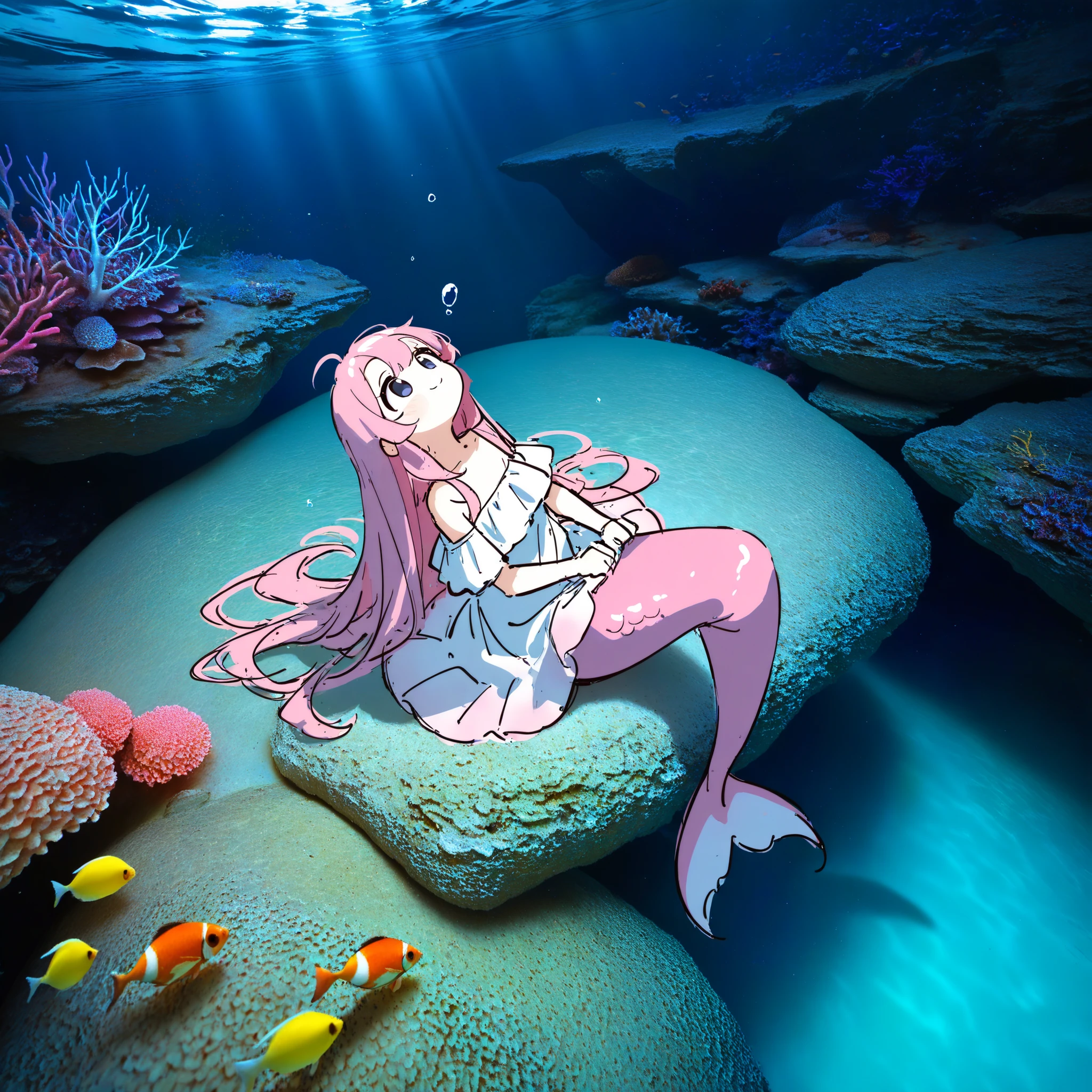 smile,beautiful pink mermaid with flowing long hair, shimmering fish tail, elegant posture, seashell accessories, soft expression, looking upward, underwater lighting,
photo background: deep ocean scene, shafts of light piercing from above, coral reefs and colorful fish, gentle bubbles rising, magical atmosphere