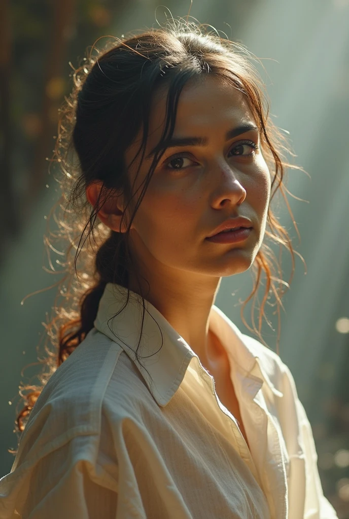 Photorealistic production of a woman side profile, Epic romantic scene, Ethereal field deep in the night, ambient lighting, raining, movie film still, Cinematic filming and lighting, lifelike colors, Intricate facial detail, Intricate hand details, work of art, sharp focus, ultra detaild, ultrarealistic photograph, Canon EF F/1.Lente 2L 250mm, Depth of field, Incredibly realistic environment and scene, Master Composition and Cinematography
