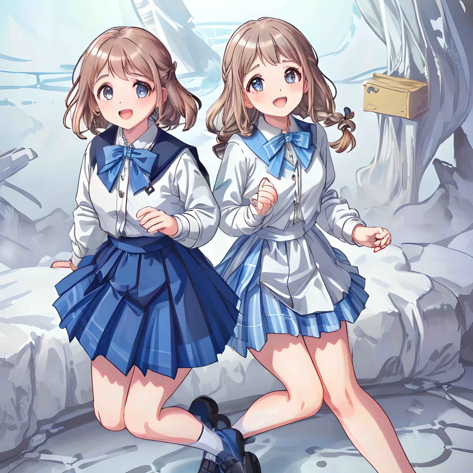(highest quality, masterpiece, clearly detailed:1.5), highest quality, High resolution, 1080p, 8K, (So cute face, most beloved, neatest ((beautifully grown and evolved with grace)), noble beautiful beautiful fashion models with detailed, ((svelte silhouette)), Cloistered beauty, Pristine atmosphere, with beautiful hands and fingers, 165cm height, with detailed: 1.4), (laughing white face with unreal angelic beauty, overflowing with translucence and cute laugh at me, with detailed: 2.0), ((Neatest school uniform, pristine (white clean blouse), and ((navy-blue & blue checker (knee-length) plaid pleats school skirt)), shiny-blue bow-tie, with detailed: 1.8)), (Beautiful brown (Japanese (dolly) popular fashion model's eyes): 1.5), (clearly detailed foreground: 1.9), ((purity and neatness of pristine school uniform is very impressing): 1.8), (focus on her twin-braids hair and neat style, full body: 1.9), (shiny brown twin-braids styled hair, bangs trimmed carefully: 1.7), (The background is (filled with tartan-checkered cute long school skirt) like overflown charm of neatness: 2.0)