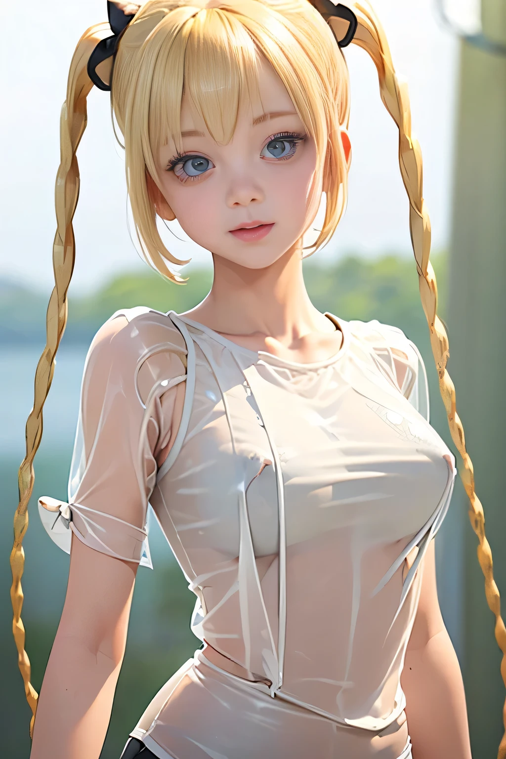 optimal,master piece,High resolution,best quality,hyper hd,super detail,award-winning,16K,solo,(Upper body),correct anatomy,Beautiful Cyberpunk Girl,cowboy shot、cute face,,blonde、long hair、twin tails、Braid, hair line,((scarlet eyes)),long eyelashes,dangling corner of the eye,white skin,shoot from the side, ((see-through camisole:1.5)), ((transparent nipples))、rocket , (Because I'm slender),