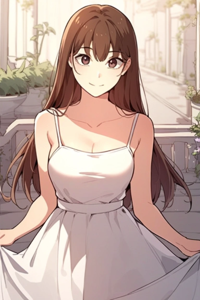 A manga high school girl dressed in an elegant and modest dressing gown. She has dark brown hair, very long, curly and thick, she has a part in the middle of her head and no bangs. His eyes are brown-green. She wears a golden Christian cross around her neck, has a strong chest, imposing hips, she stands straight and facing forward. She is very tall