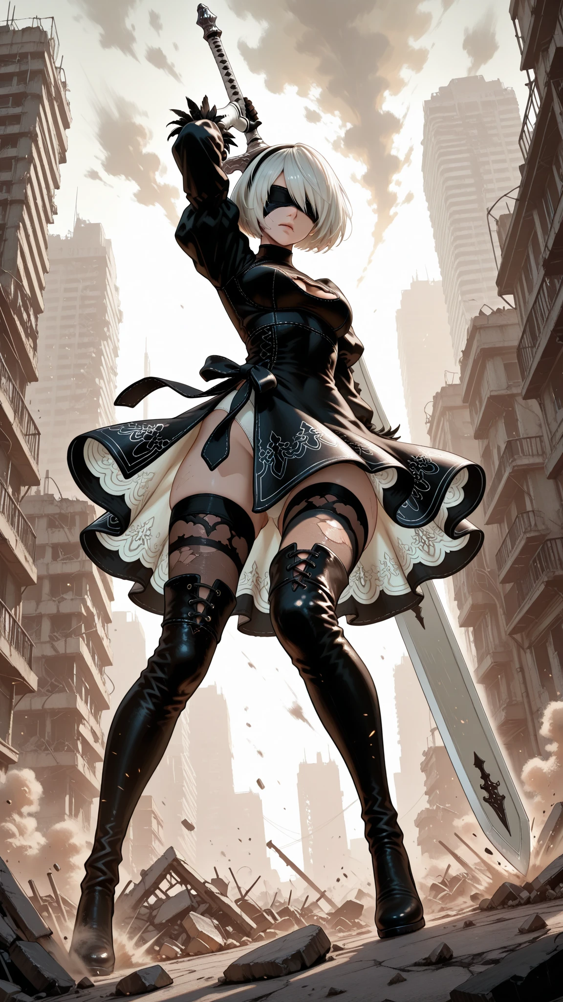 General,1girl, silver bob cut hair, black gothic dress with thigh-high boots (2B from NieR Automata style), wielding a greatsword, dynamic pose,  
trk,ruined cityscape background, rubble and sunset lighting with dust,  
low angle, emphasizes legs, dramatic composition,  
BREAK,ray tracing, UHD, retina, masterpiece, accurate, anatomically correct, textured skin, super detail, high details, high quality, best quality, highres, 1080P, HD, 16k
