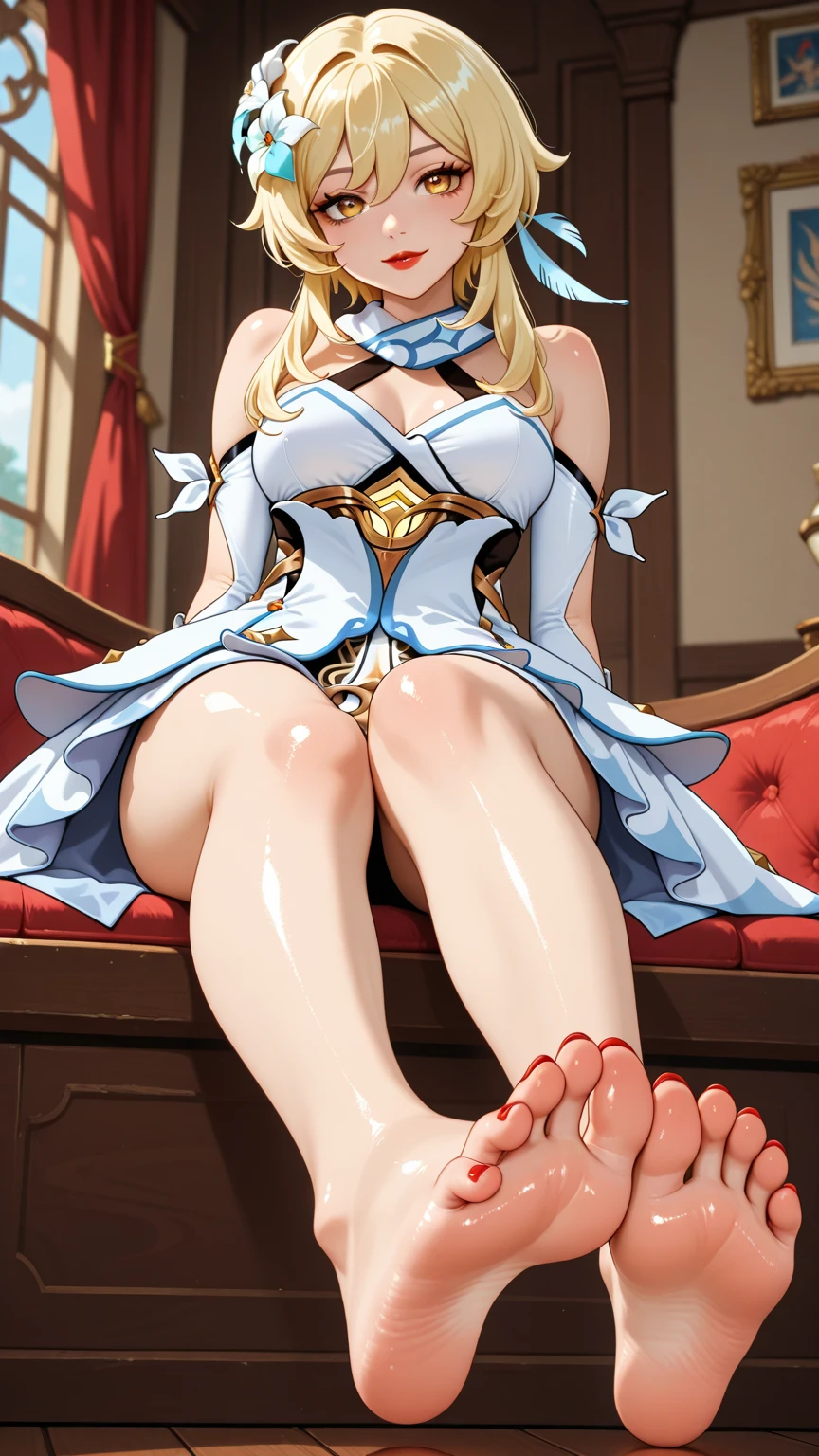 FFA, from below , leg up , sole , feet , looking at viewer ,aapeco, very long hair, ahoge, braid, tiara, hair ribbon, red ascot, cleavage, shrug (clothing), shoulder armor, white dress, short sleeves, white gloves, pleated skirt, red skirt,A seductive smile, Blushing, (Highest quality), Lace panties,(Sole),(??? on feet)