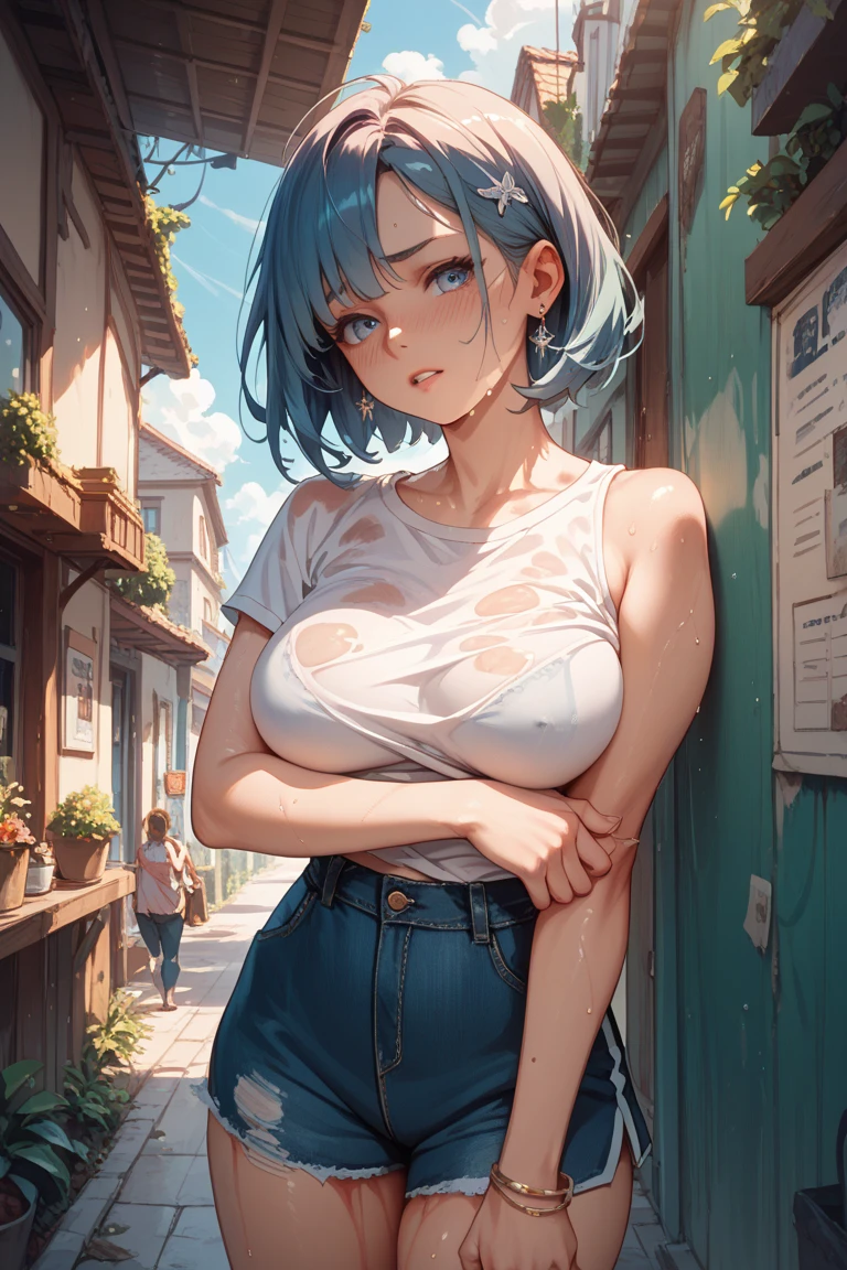 Walking down the street、There is a woman with headphones, topless, nipples, navel, in a tokyo street, over the shoulder closeup, candid shot, masterpiece, top-quality, hight resolution, dragon balls, blmmid, aqua hair, Medium hair, bluntbangs, red hairband, medium breasts, skirt by the, cowboy shot, Indoors, is standing,