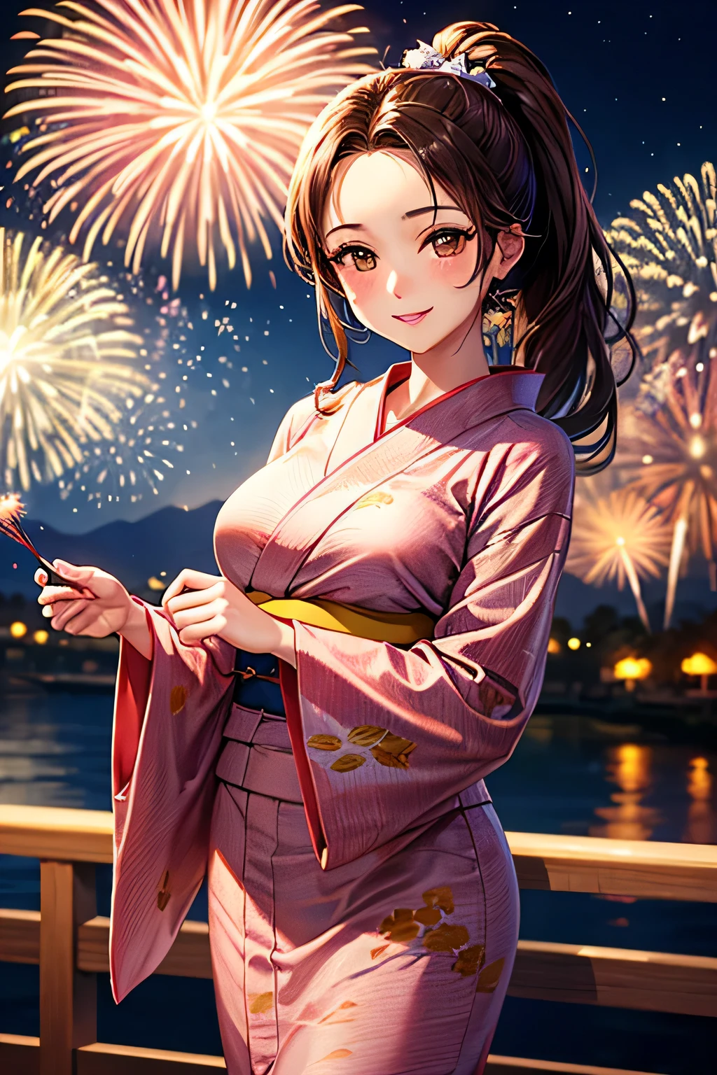 yukata、firework、Cleavage、Gaze, smile, Open your mouth, Brown Hair, Blushing, Small breasts、Background blur, 