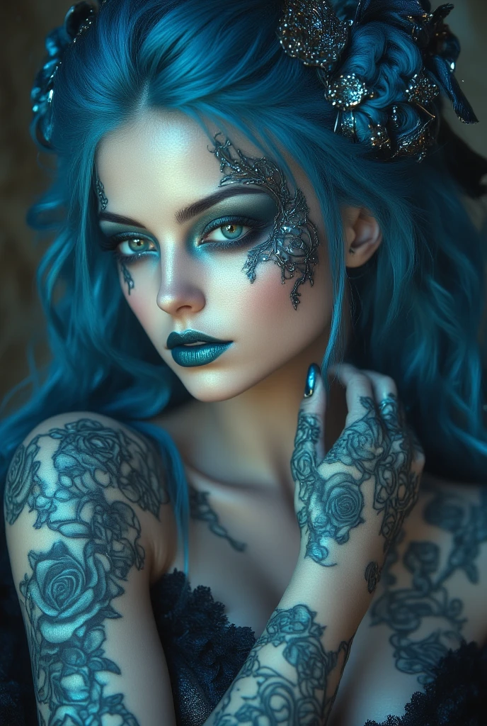 a full-body tattoo, intricately detailed, hyper-realistic, highly detailed body art, masterful tattoo artistry, photorealistic skin, striking contrast of ink on skin, dramatic black and grey tones, bold line work, dynamic composition, ominous atmosphere, gothic visual style, dark fantasy elements, moody dramatic lighting, ethereal and mystical aesthetic, haunting and captivating