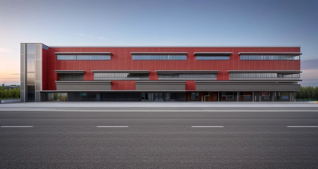 office building 4 storey, GREY and red color wall, [few windows] , [few glass wall], structure CONCRETE WALL, minimalist and clean architectural style. The structure is multi-story with wide windows, minimal glass facade, All pictures are real, 100% real pictures, high quality, clear pictures , hyper realistic, depth of field , modern architecture, minimal architecture , futuristic architecture