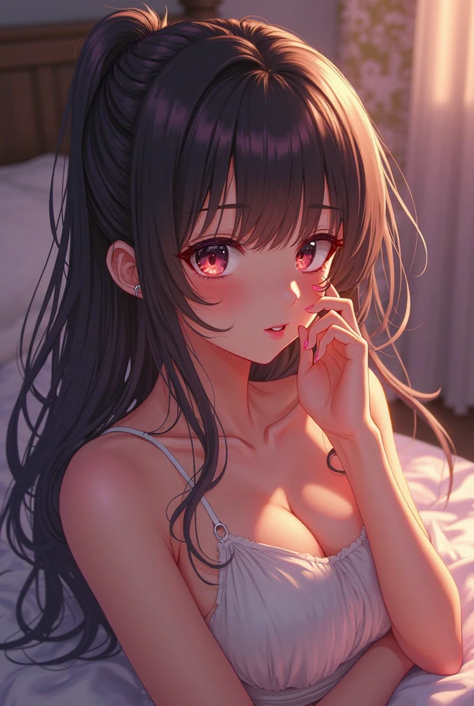 (best quality:1.1), (Masterpiece:1.2), lady, long hair, black hair, Hair bow, ถักเปีย, pink eyes, ((beautiful breasts:1.3)), beautiful, cute, Bright face, Good mood, ((pajamas dress)), ((very wet)), ปากอมชมพู, ยิ้ม, ((bedroom)), ((sfw)), เย้ายวน, collarbone, ((Highest quality, Best Performance, Maximum details, Light and shadow details:1.2, 4k details))