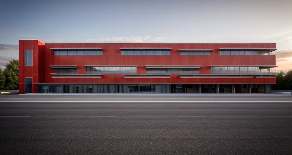 office building 4 storey, GREY and red color wall, [few windows] , [few glass wall], structure CONCRETE WALL, minimalist and clean architectural style. The structure is multi-story with wide windows, minimal glass facade, All pictures are real, 100% real pictures, high quality, clear pictures , hyper realistic, depth of field , modern architecture, minimal architecture , futuristic architecture