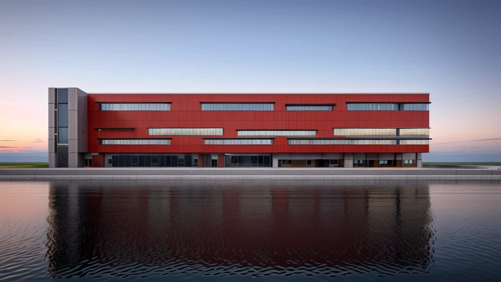 office building 4 storey, GREY and red color wall, [few windows] , [few glass wall], structure CONCRETE WALL, minimalist and clean architectural style. The structure is multi-story with wide windows, minimal glass facade, All pictures are real, 100% real pictures, high quality, clear pictures , hyper realistic, depth of field , modern architecture, minimal architecture , futuristic architecture