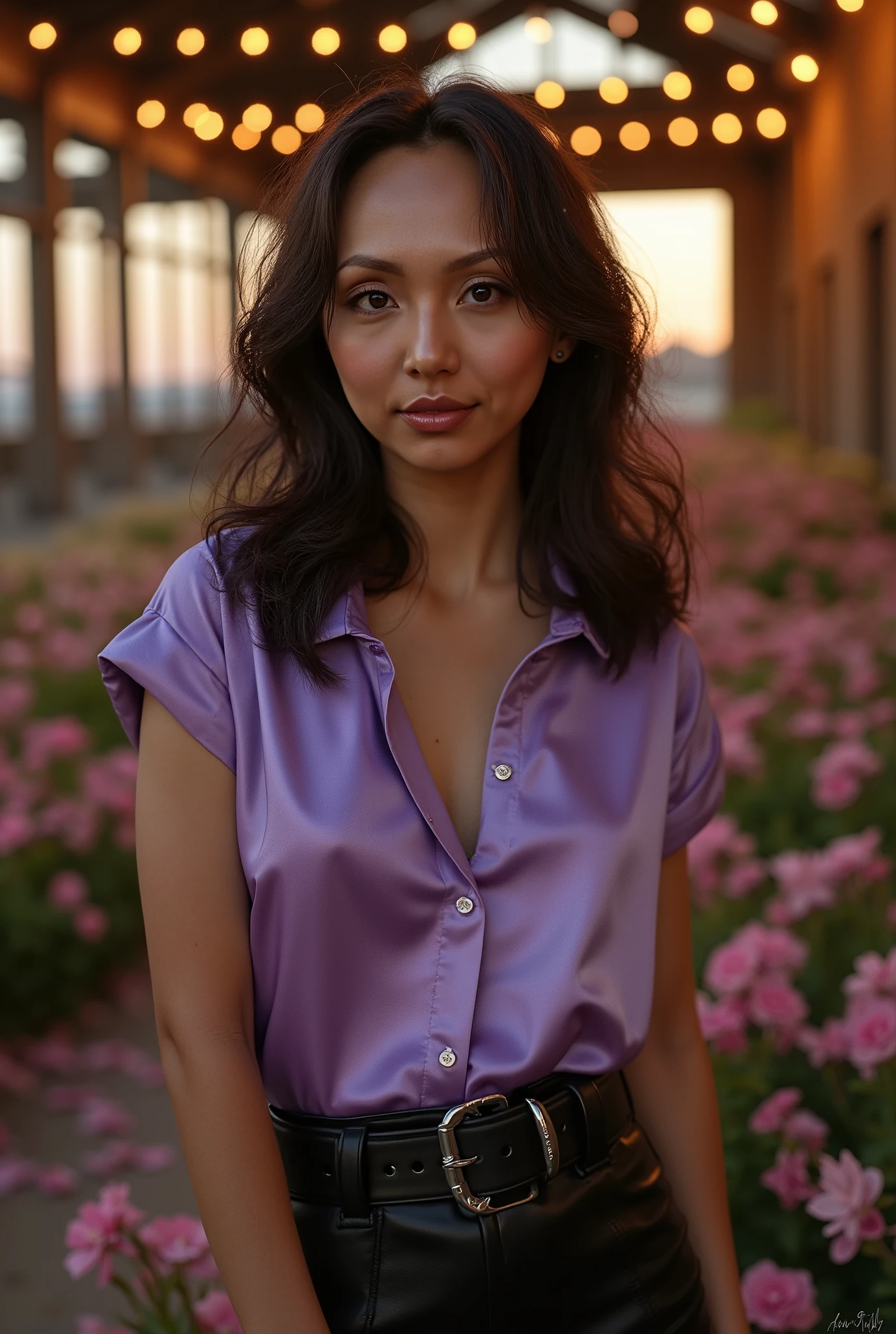 Foto hiperrealista en primer plano de arafed woman, masterpiece, best quality, (photorealistic:1.4), full body, (lavender satin luxury short sleeve button-up shirt :1.1), (leather skirt), cinematic light, beautiful woman, medium breasts, wavy hair, detailed face, photo taken from a distance, in a old abandoned factory, amber twinkle lights in background, romantic lighting, (surrounded by flowers:1,15), (sunset:1.05), action pose