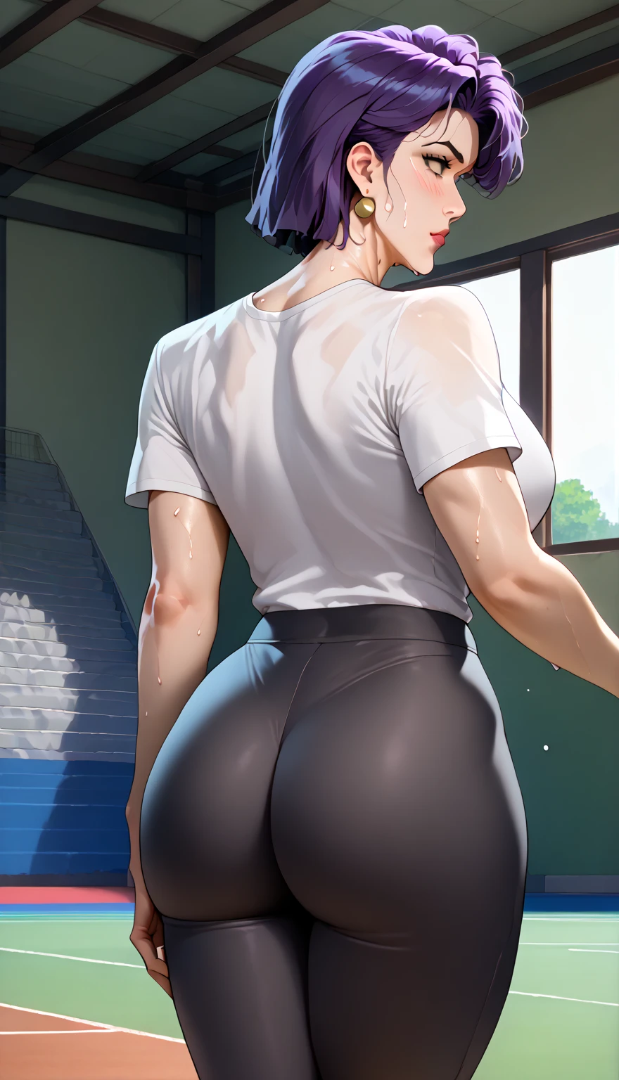 [ 4 k digital art ]!!,ecchi anime art style,moe anime face,anime girl,fling on sports jacket,tracksuit,white shirt,short pants,revealing clothes,(tanned skin:1.2),sweat on breasts,japanese girl,16 years old,wet hair,(sweaty),tanned girl leaning against tree,doggy style,at sunny nature park,(black hair), short hair,huge breasts,(blushed:1.1),wavy mouth,(humid),(trembling:1.3),thick thighs,back shot,