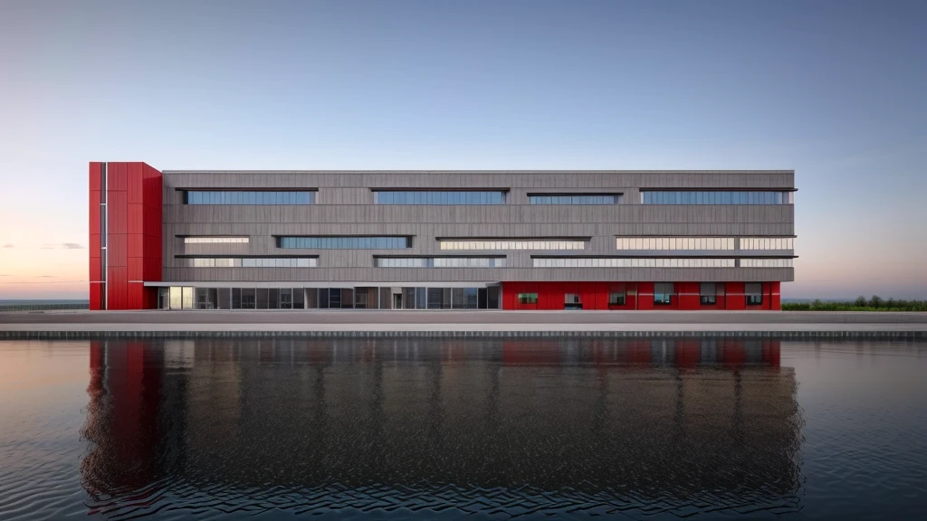 office building 4 storey, GREY and red color wall, [few windows] , [few glass wall], structure CONCRETE WALL, minimalist and clean architectural style. The structure is multi-story with wide windows, minimal glass facade, All pictures are real, 100% real pictures, high quality, clear pictures , hyper realistic, depth of field , modern architecture, minimal architecture , futuristic architecture