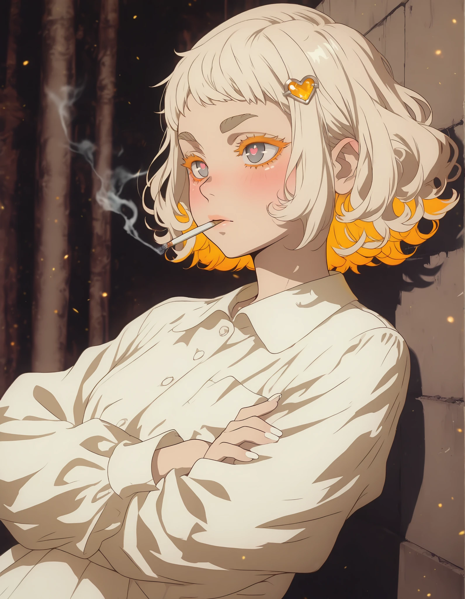 Masterpiece, best quality, very aesthetic,  1girl,solo, (white nails, thick eyebrows), beige skin tone, upper body, from side, curvy body, blush, calm, closed mouth, looking side, (gray eyes, orange eyelashes, tareme eyes, pink pupils),(short hair, curly hair, heart hair ornament, beige hair, multicolored hair, yellow tips hair, sidelocks, ,short bangs, shiny hair), leaning back, on wall,  cigarette on mouth, smoker, smoke, dynamic pose ,crossed arms, leaves, dark atmosphere,4k,  soft focus, particles, anime coloring, anime screencap,  white dress, long sleeves,collared dress, aesthetic, LDSCH, anime screenshot,  usnr