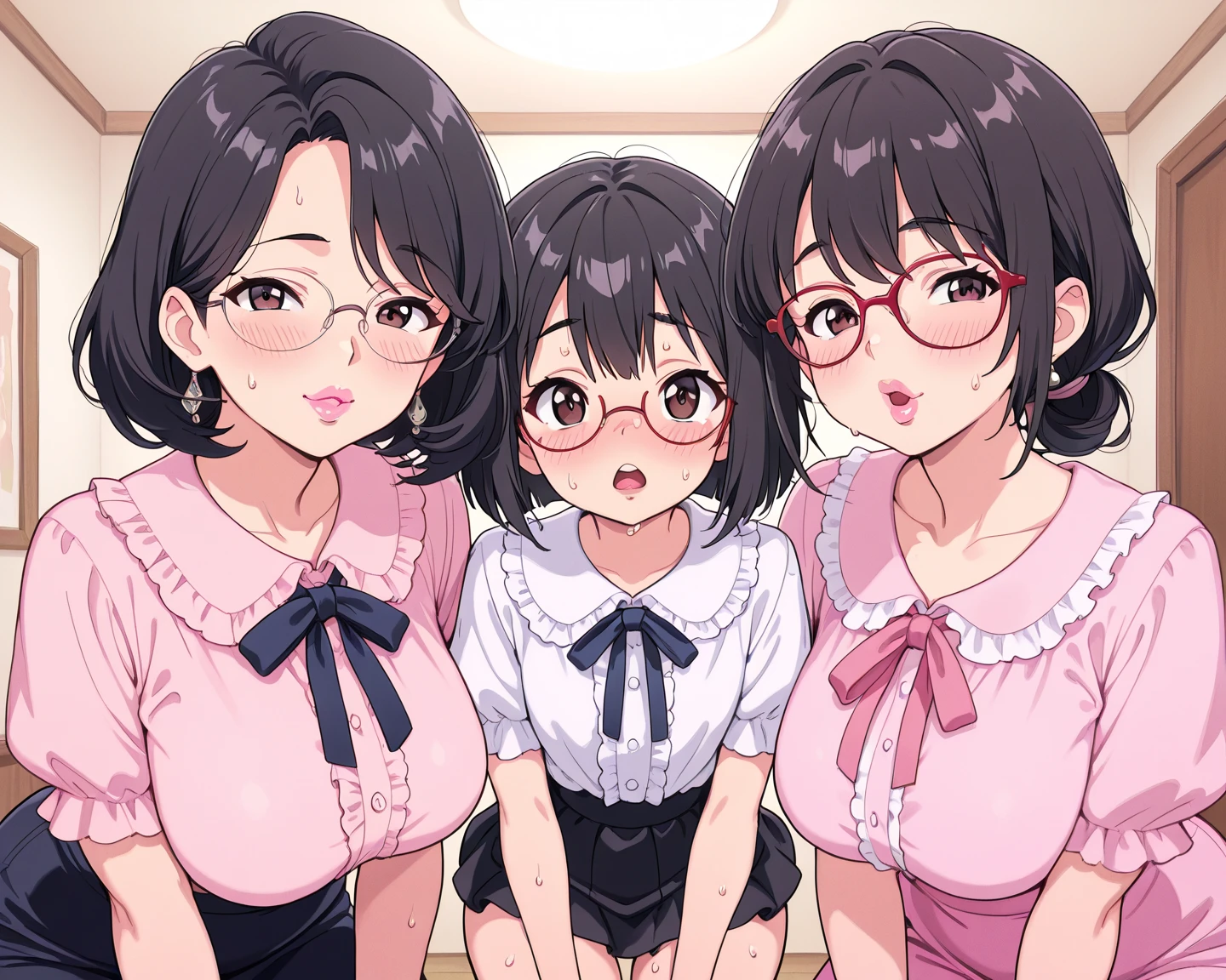 Super detailed, best quality, High resolution, moe-anime, ((((3 little girls with black hair and round glasses are hugging each other.)))), (baby face), Tareme:1.2, dark blue eyes, cute eyes, detailed eye description, Eye sparkle, Looking at viewer, pale skin, (((petite))), (((face only:1.3))), (bottomless), (Big eyes:1.5), NSFW, focus on the face, ((bust shot)), Bright eyes, In the park where cherry blossoms dance, ((white see-through camisole tops)), Nipples are showing through, from back